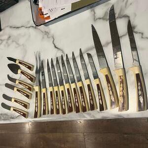 Vintage Regent Sheffield English Stainless Steel Cream Brown Handle 19 Piece Set